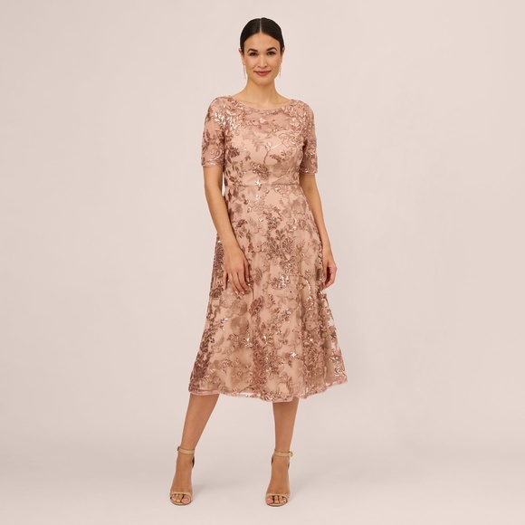 Adrianna Papell Sequin Embroidered Midi Dress With Sheer Short Sleeves In Almond - Picture 1 of 3